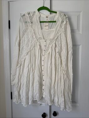 Free People White Long Sleeve Button Front Lace Trim Dress